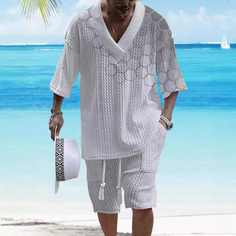 Men's printed drop shoulder knitted shorts suit in chemical fibre blend fabric