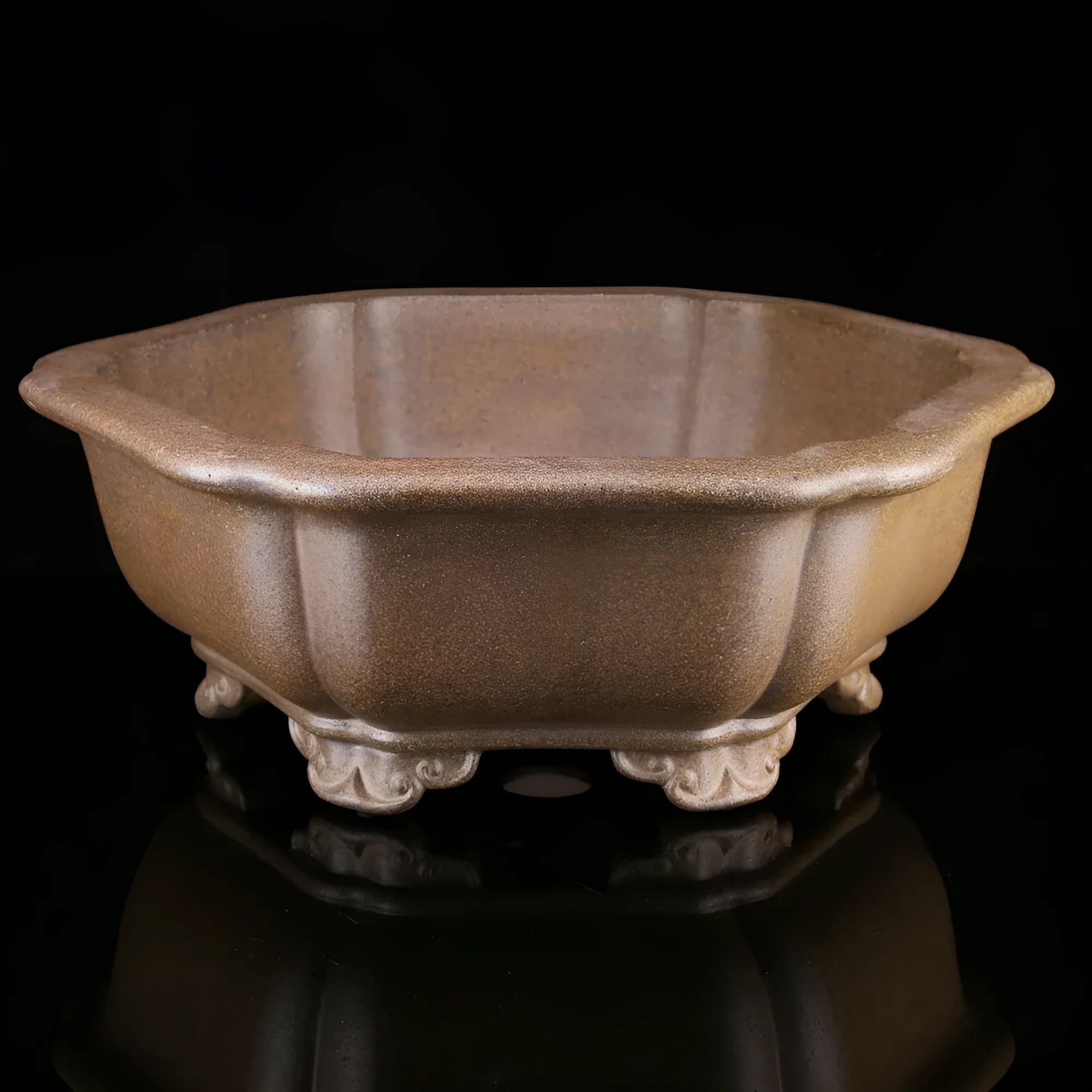 Large handmade hexagonal purple sand clay plant pot for indoor bonsai and succulent growing.