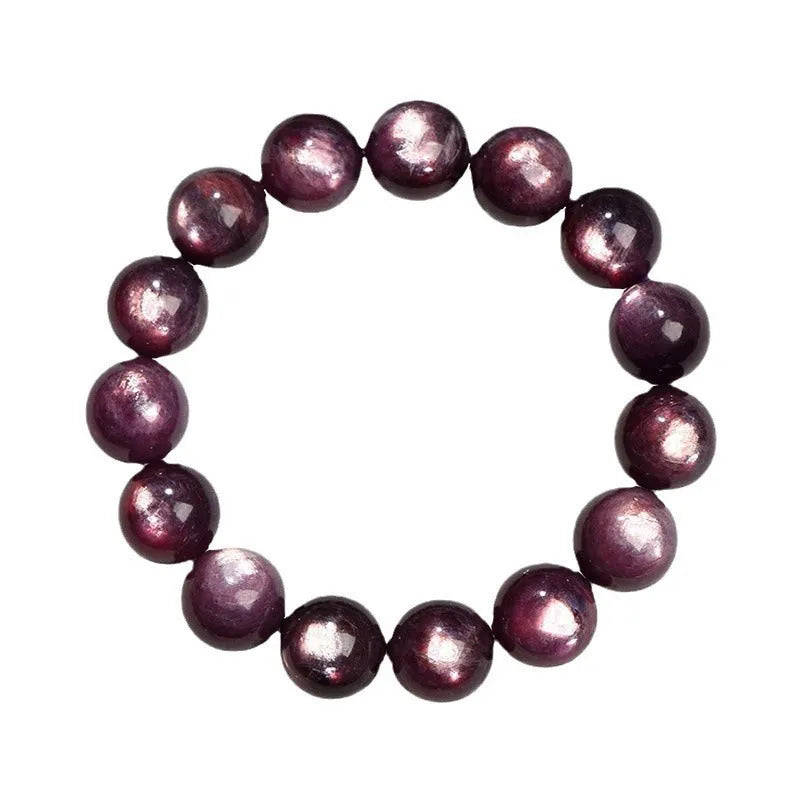Purple lepidolite polished crystal round bead bracelet on a wrist, showing single circle design.