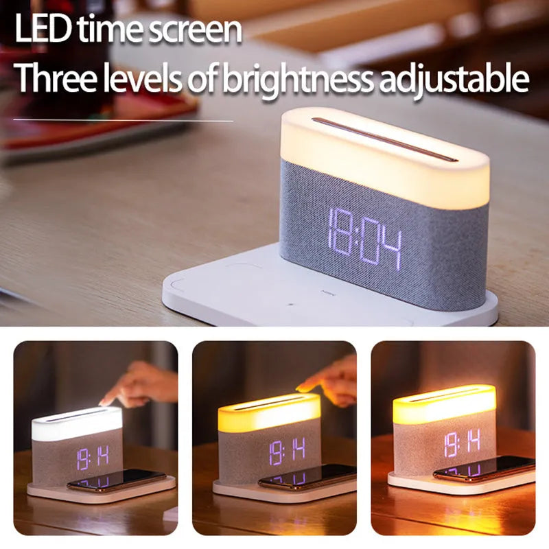 Black and white wireless charging desk lamp with digital clock display and night light function