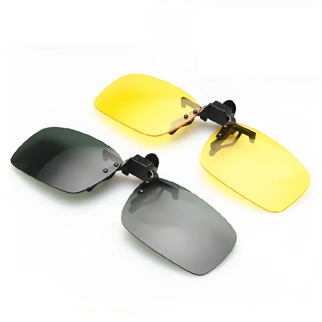 Clip-on driving sunglasses with polycarbonate lenses in grey, dark green, and night vision amber tints