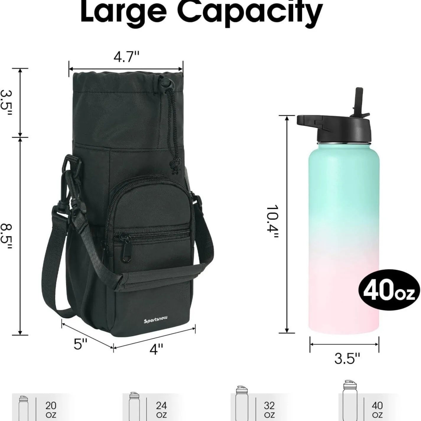 Cloth water bottle pouch with crossbody strap in black, green, and pink colour options