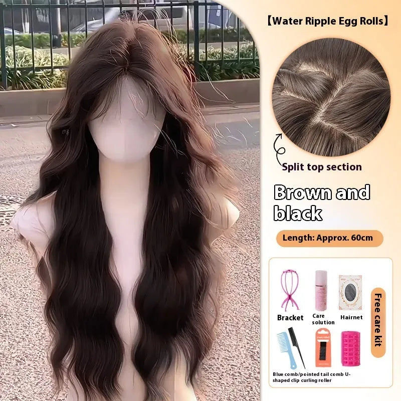 Women's long curly full-head wig with side fringe in high-temperature fibre