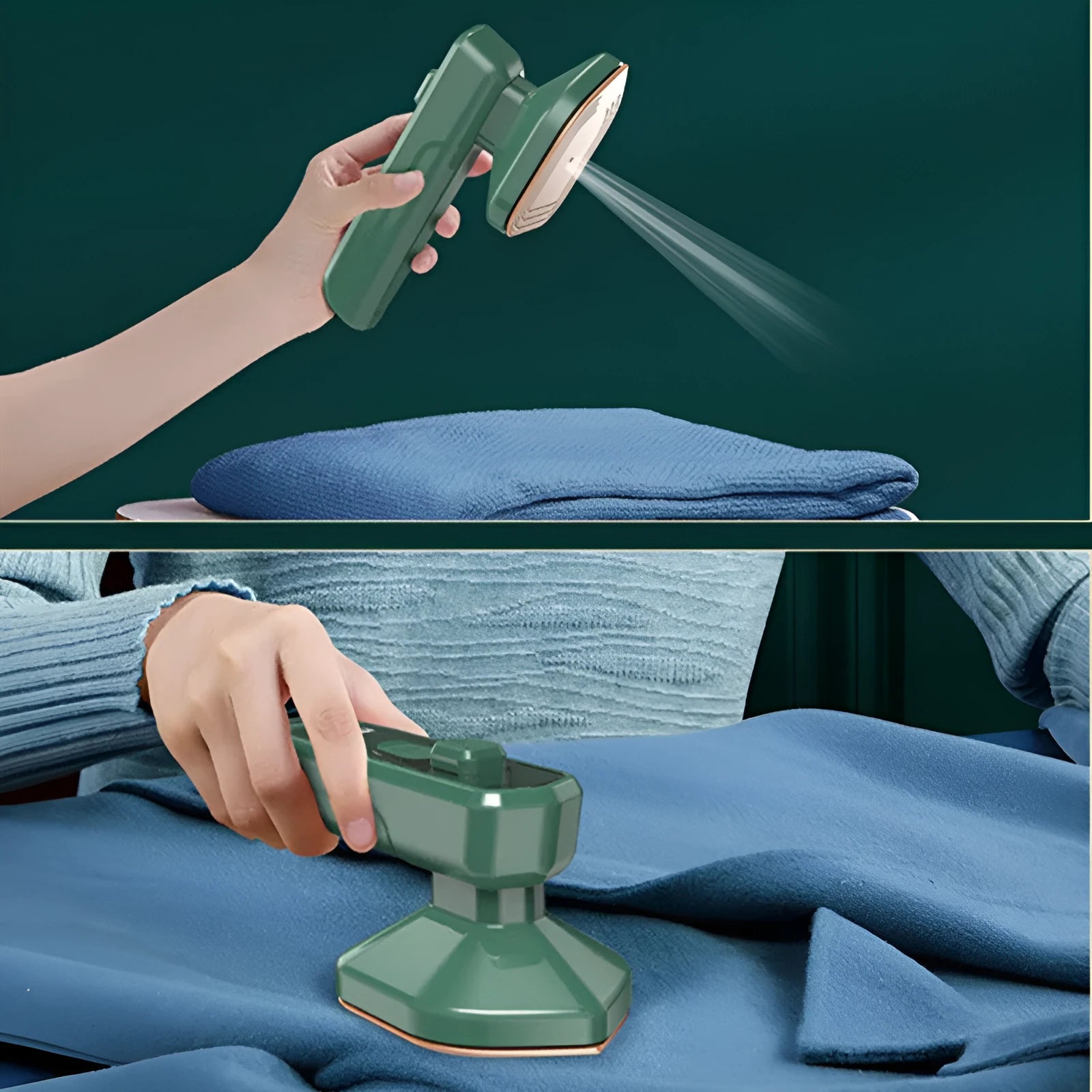 Dark green portable handheld hanging steam iron on a white background.