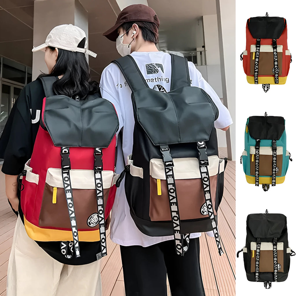 Oxford cloth backpack in black showing handheld, shoulder, and dual-strap carrying options.