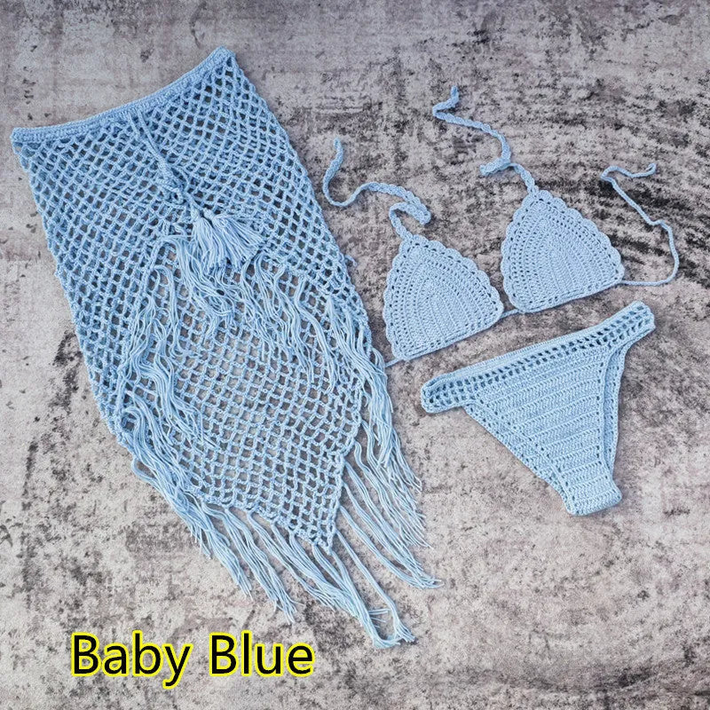 Women's 3-piece handmade crochet bikini set with nylon lining in solid colour options for beach and swimming.