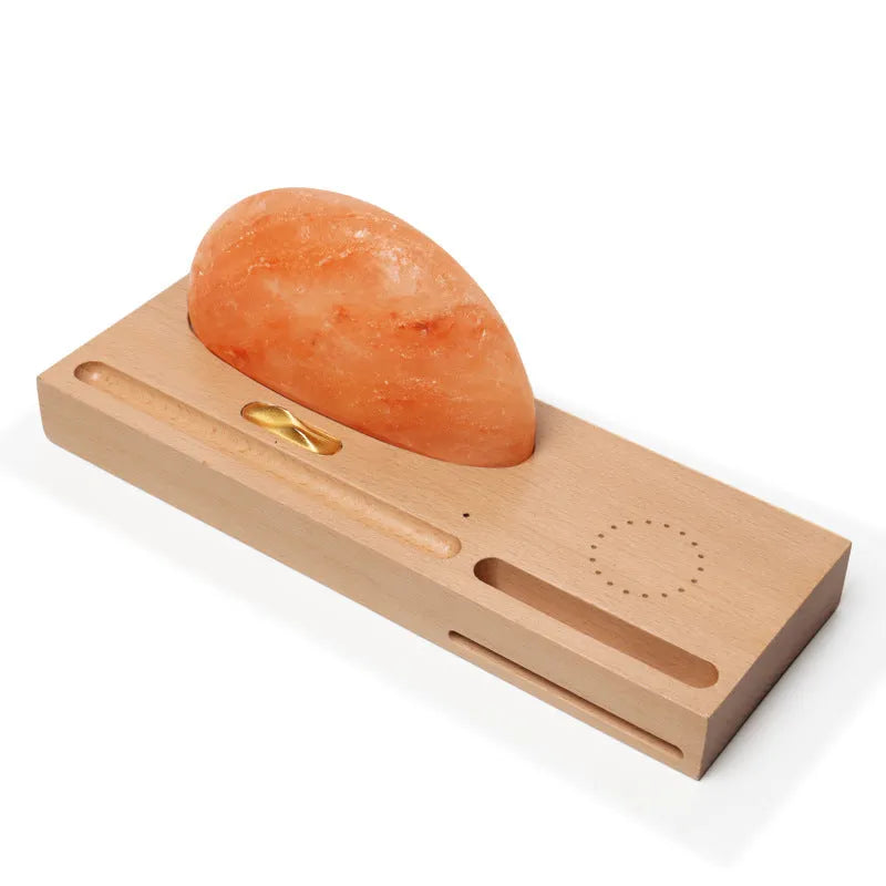 Sunrise Oriental wooden base table lamp with natural crystal salt shade and built-in wireless phone charging.