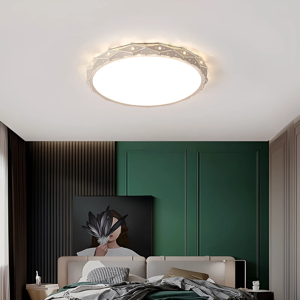 Round LED ceiling light with iron frame shown in black and white finish options