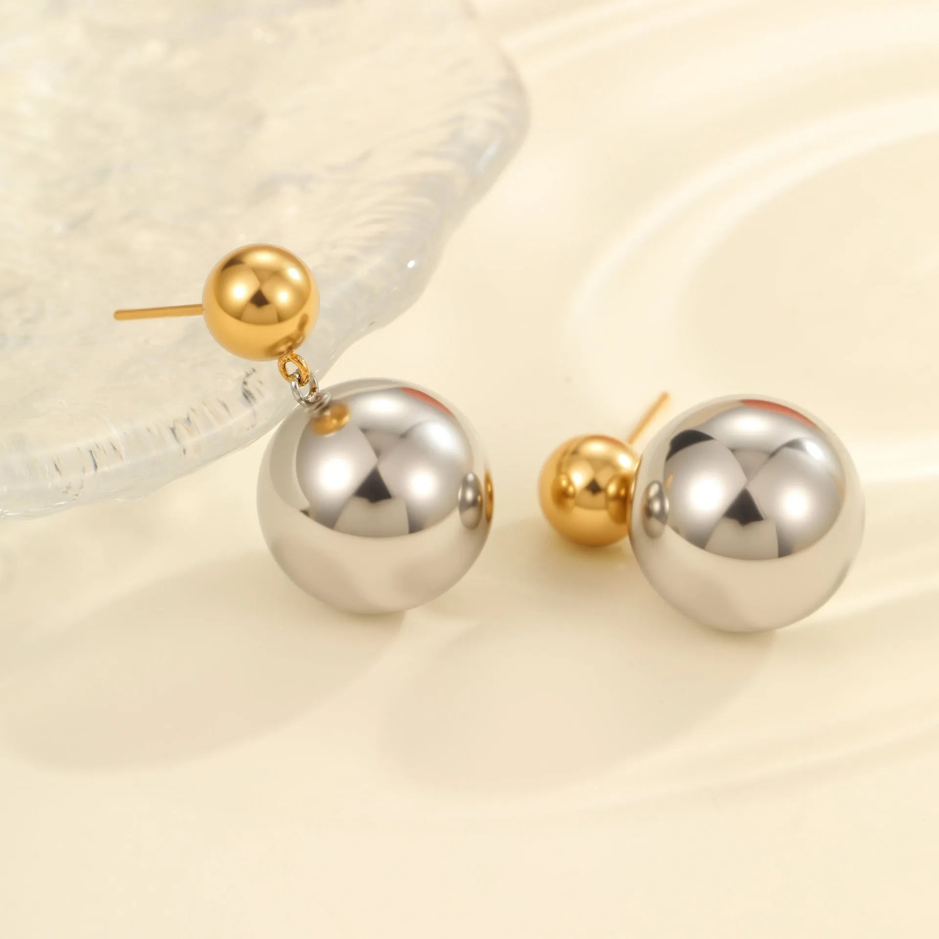 Round beads stainless steel geometric colour-block ear studs with 18K gold electroplated finish