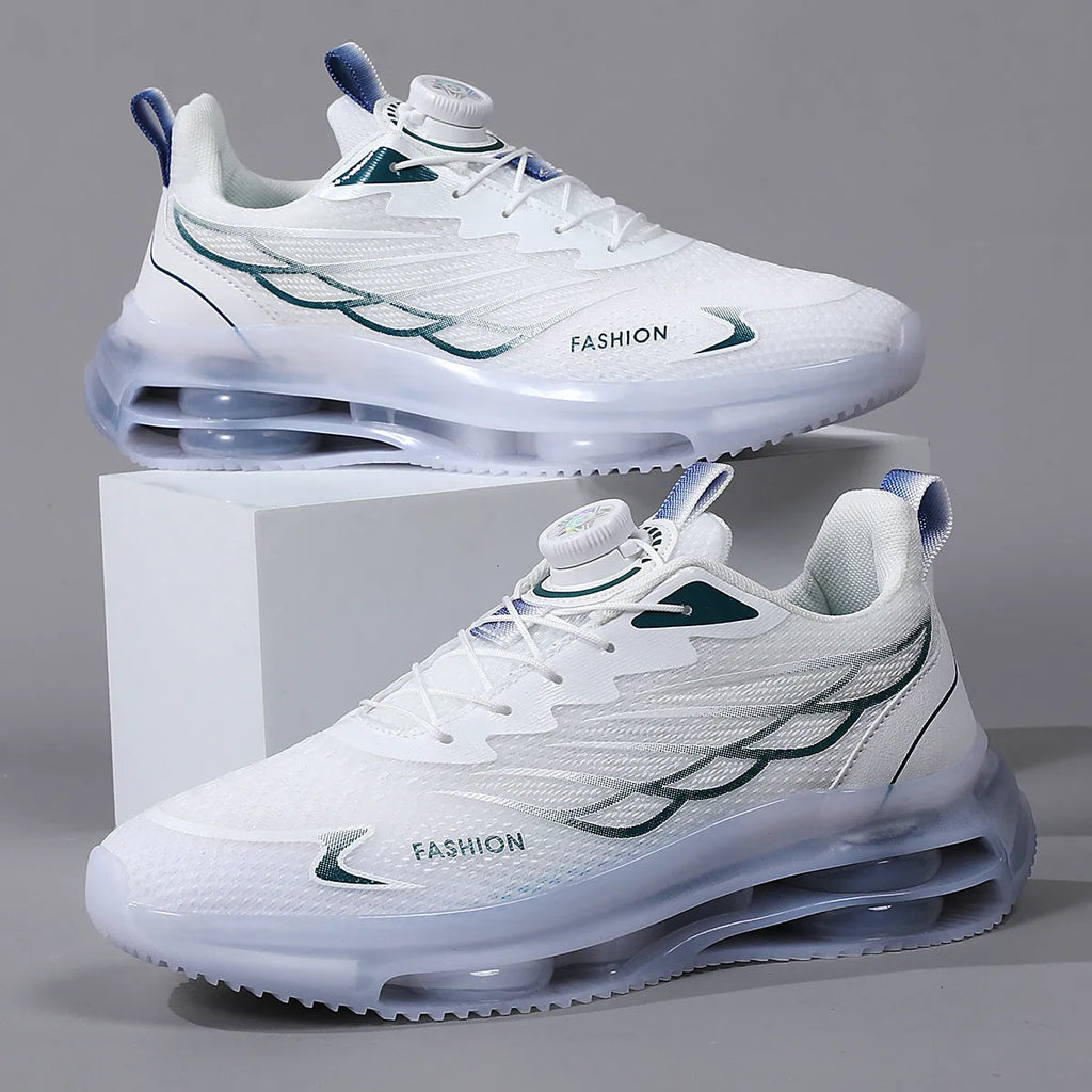 Men's white low-top mesh casual running shoes with round toe and lace-up front, on a solid background.
