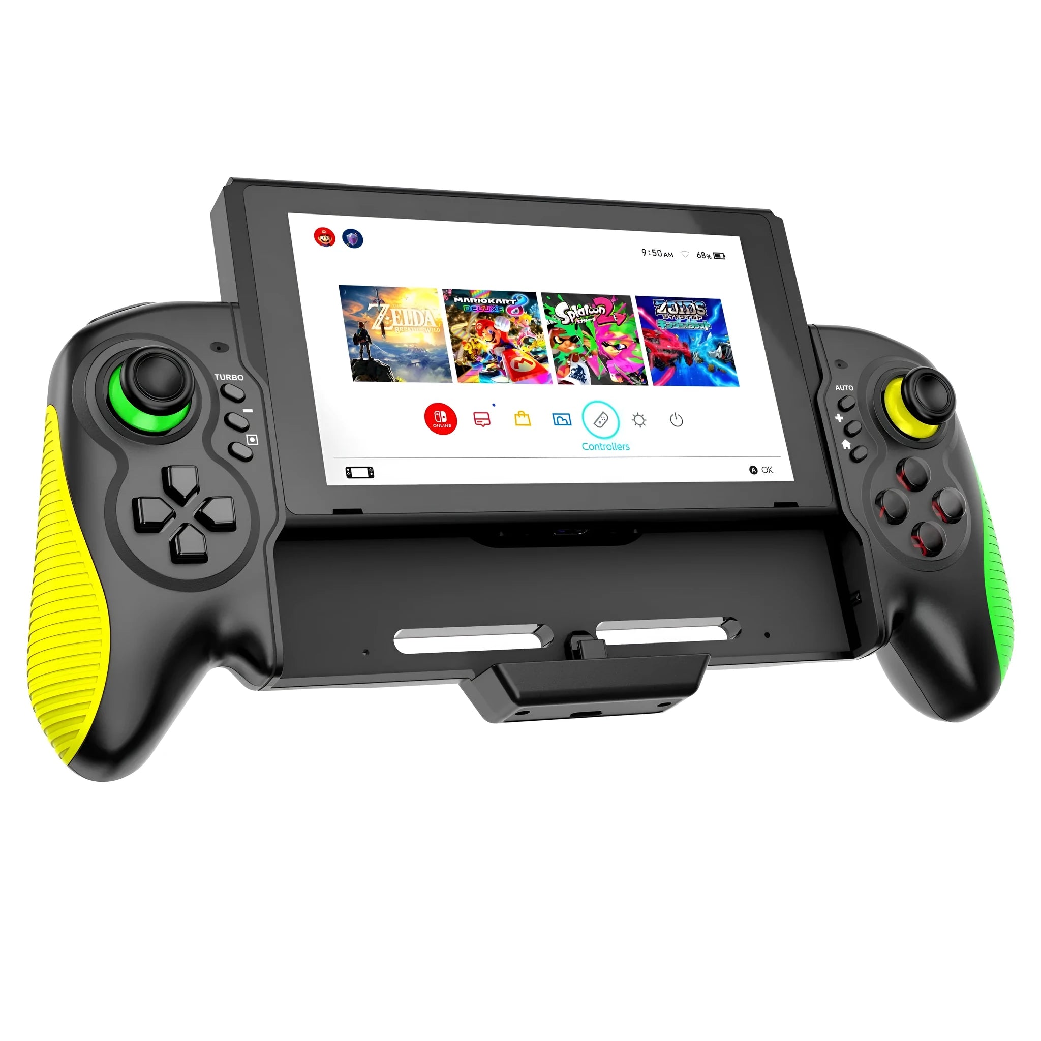 Yellow-green gaming controller for Nintendo Switch and PC with in-line handles