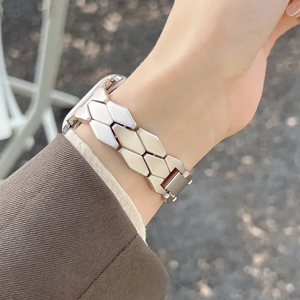 Metal chain steel band diamond strap for Apple Watch in silver colour on a white background