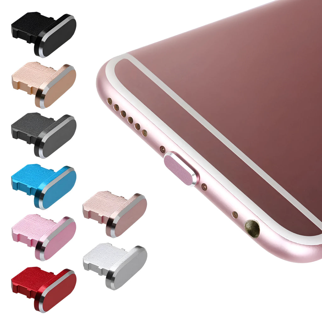 Aluminium alloy dust plug for iPhone charging port in various colours including gold, silver and rose gold.