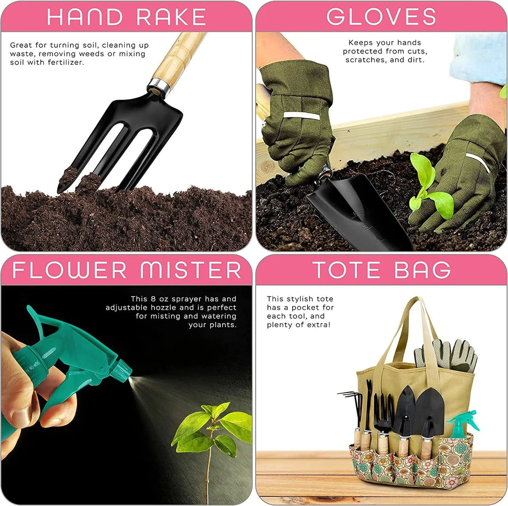 CG2001 stainless steel garden tool set of eight pieces including trowel, rake and fork on a garden background.
