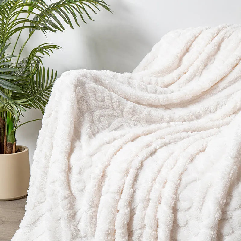 Shu cotton velvet jacquard throw blanket in solid colour with plant flower pattern on modern sofa