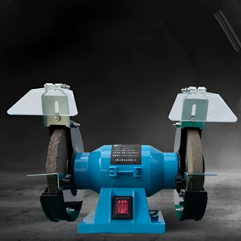 5-inch metal desktop polishing machine for sharpening knives on a workbench.