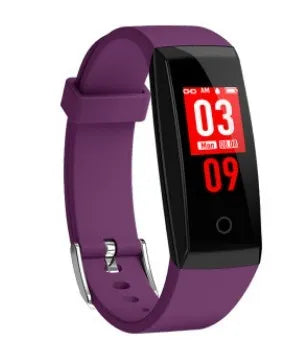 Smart bracelet with colour OLED screen in black, blue, or violet with USB charging cable