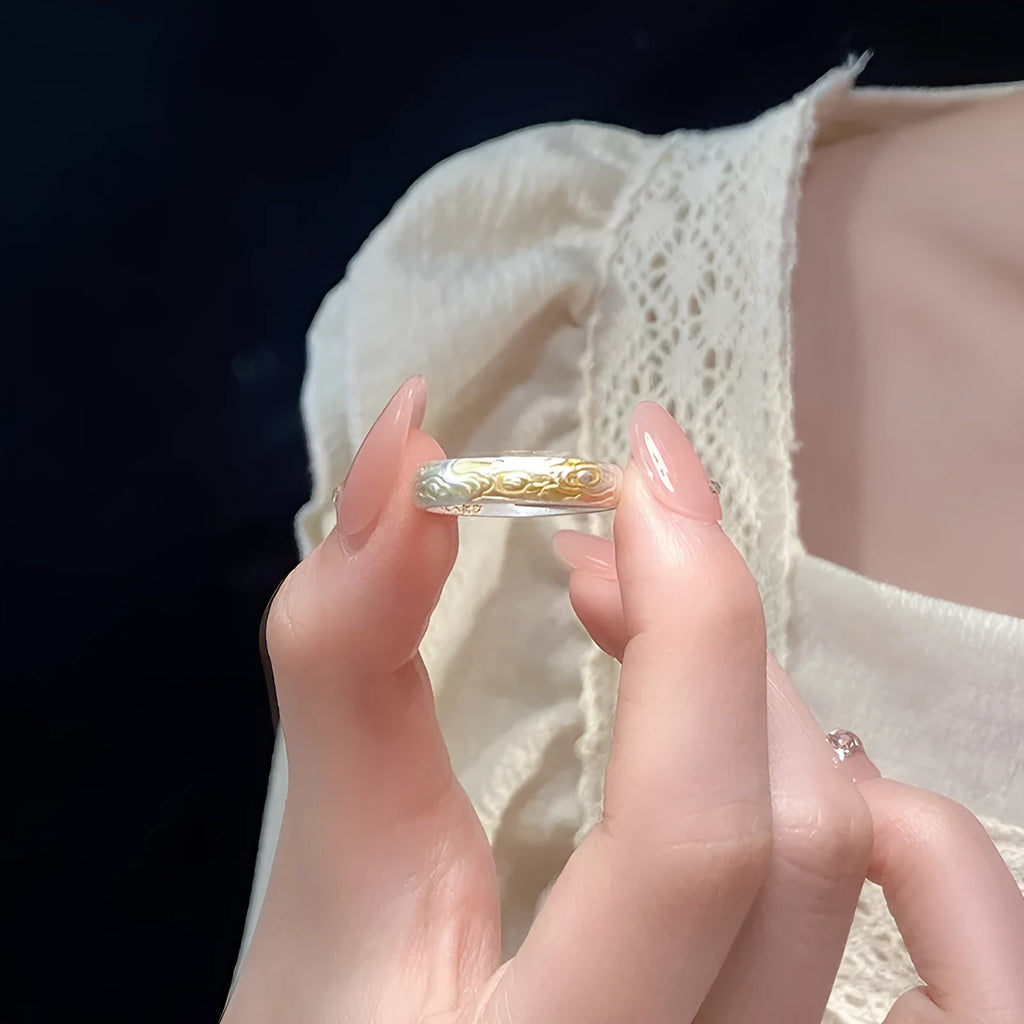 J14 Xiangyun pattern adjustable open ring in electroplated silver and gold on white copper