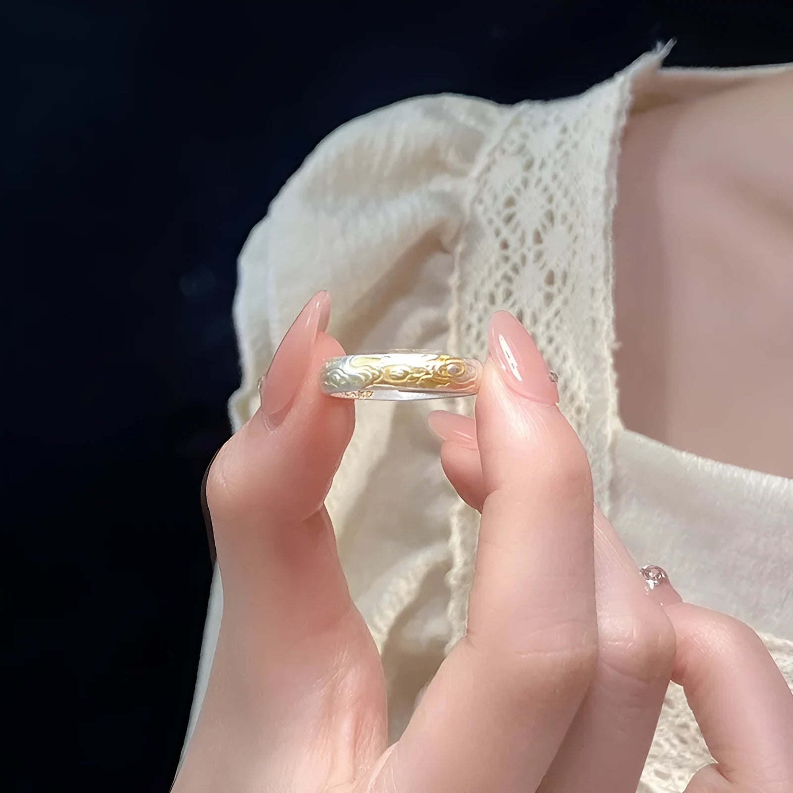 J14 Xiangyun pattern adjustable open ring in electroplated silver and gold on white copper