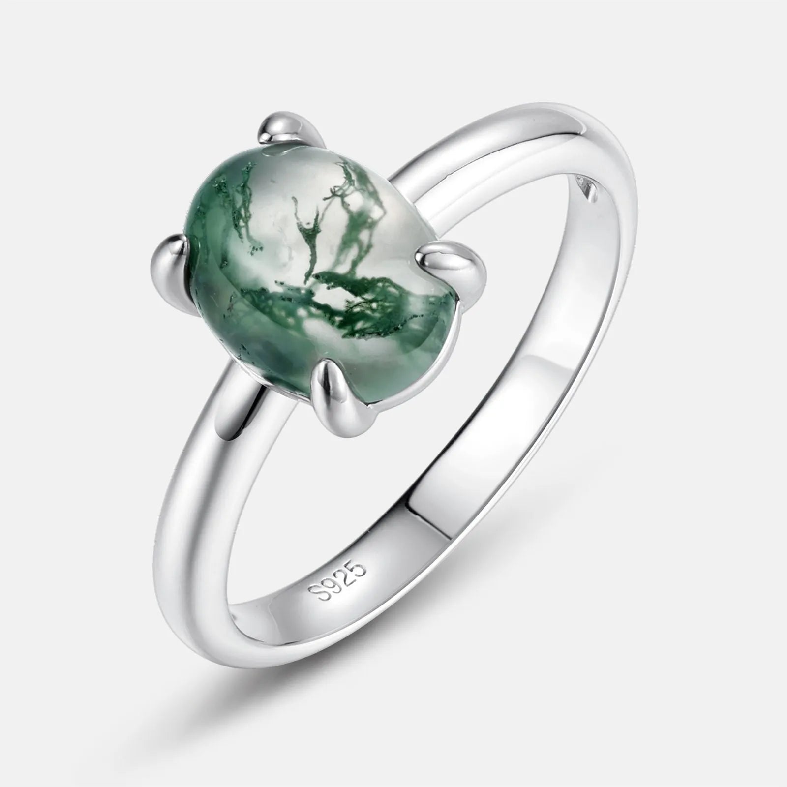 Simple water plants agate ring for women with oval green moss stone 7x9mm on agate band