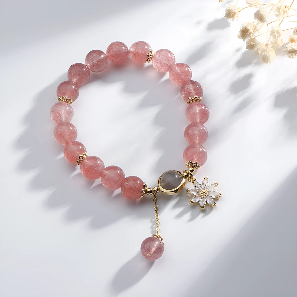 Strawberry quartz crystal bracelet with electroplated floral elements in Mori style