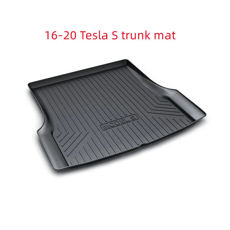 Rubber floor mats with TPE footrest designed for Tesla Model 3, Model Y, Model X, and Model S cars