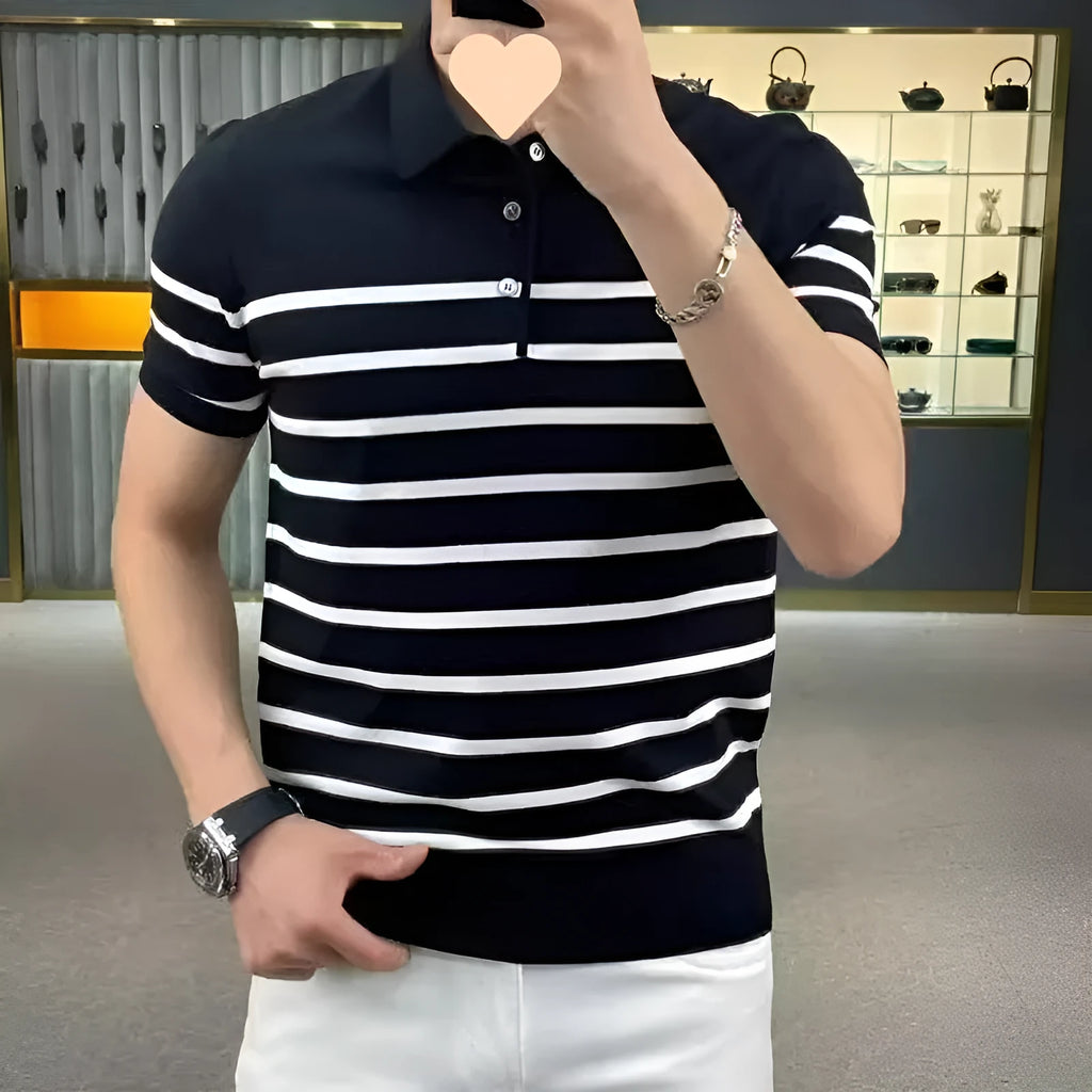 Black and white striped lapel knitted T-shirt pullover with chemical fibre blend construction
