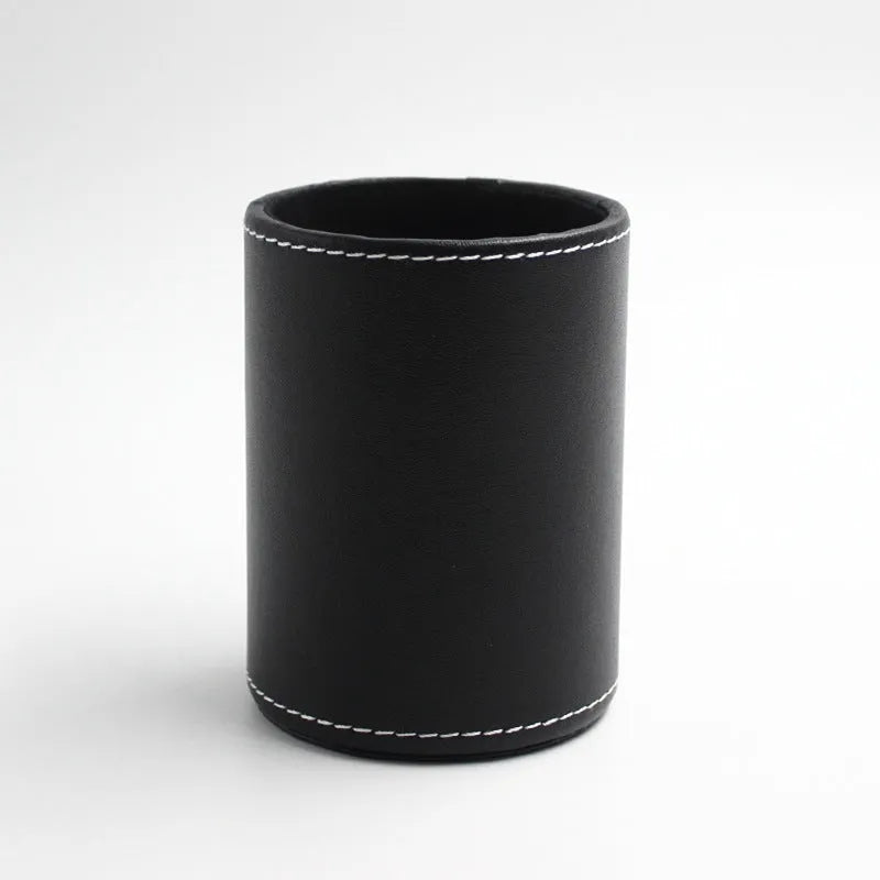 Round black leather pen holder container showing 8.0cm diameter and 10.8cm height dimensions