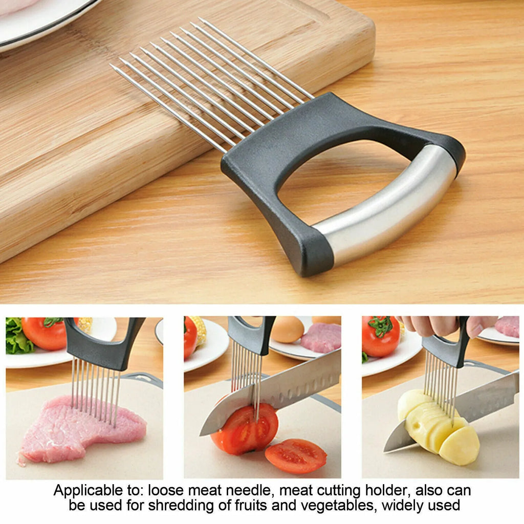 Stainless steel and ABS food slice assistant for onions and tomatoes on a kitchen worktop.