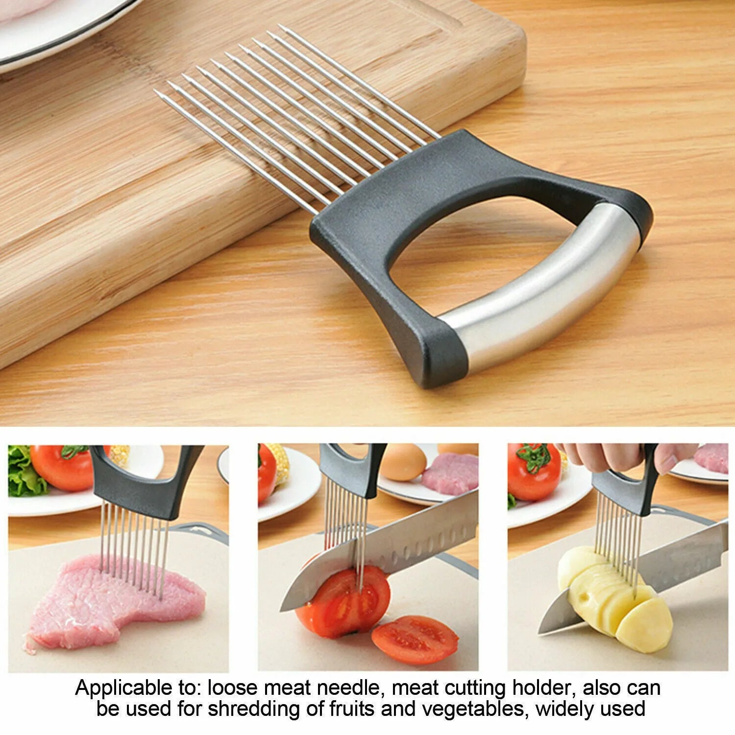 Stainless steel and ABS food slice assistant for onions and tomatoes on a kitchen worktop.