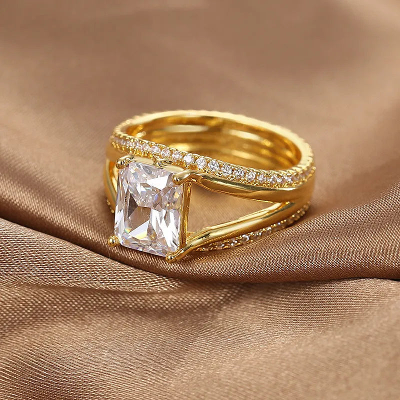 Geometric gold square zircon ring for women with European and American simple design