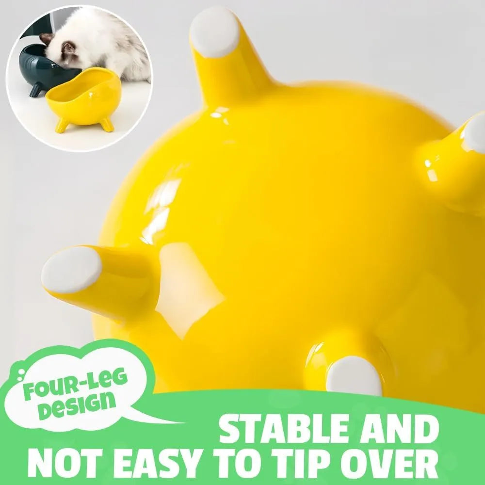 Green ceramic pet food bowl with four stabilising legs and wide opening