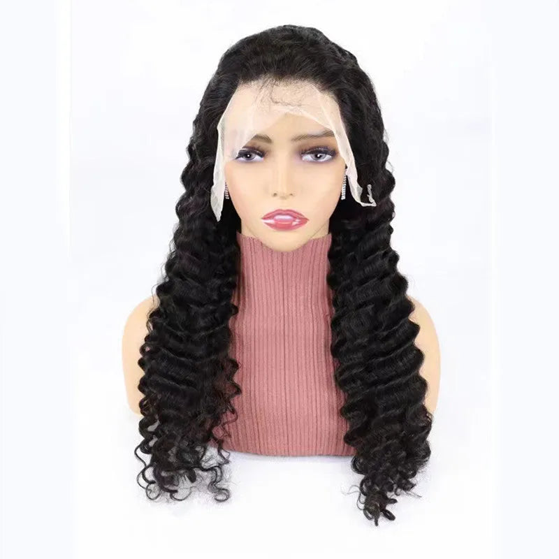 Human hair half lace front wig showing natural hairline and length options from 18 to 34 inches