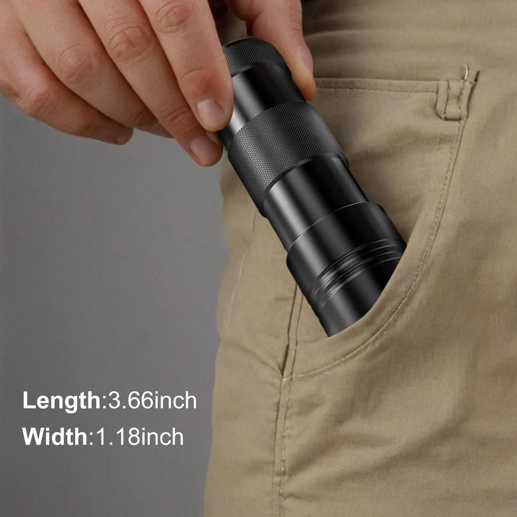 Black or silver aluminium alloy handheld UV flashlight torch with purple light wavelength for detection.