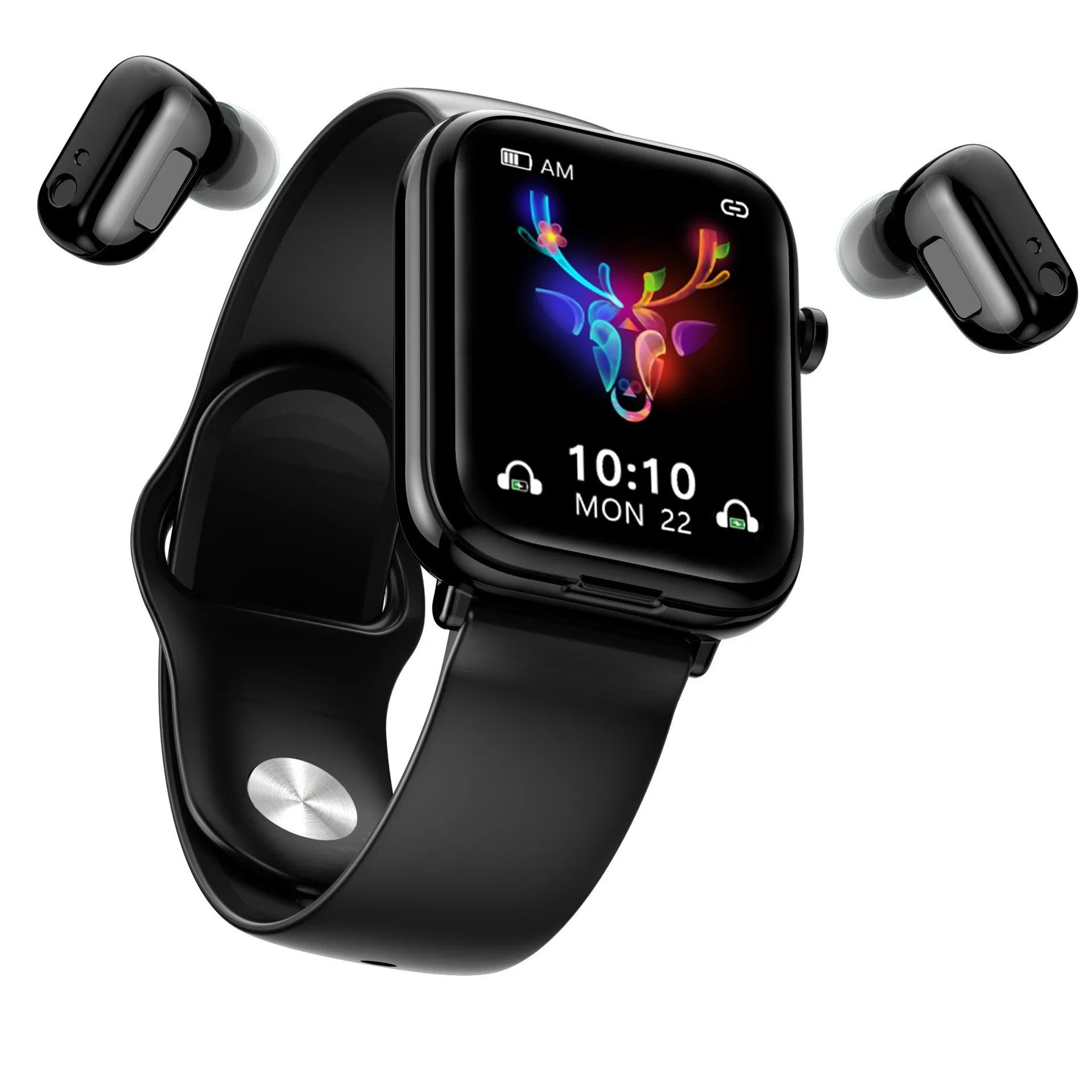 Black smart Bluetooth headset watch with full touch screen showing heart rate monitoring display