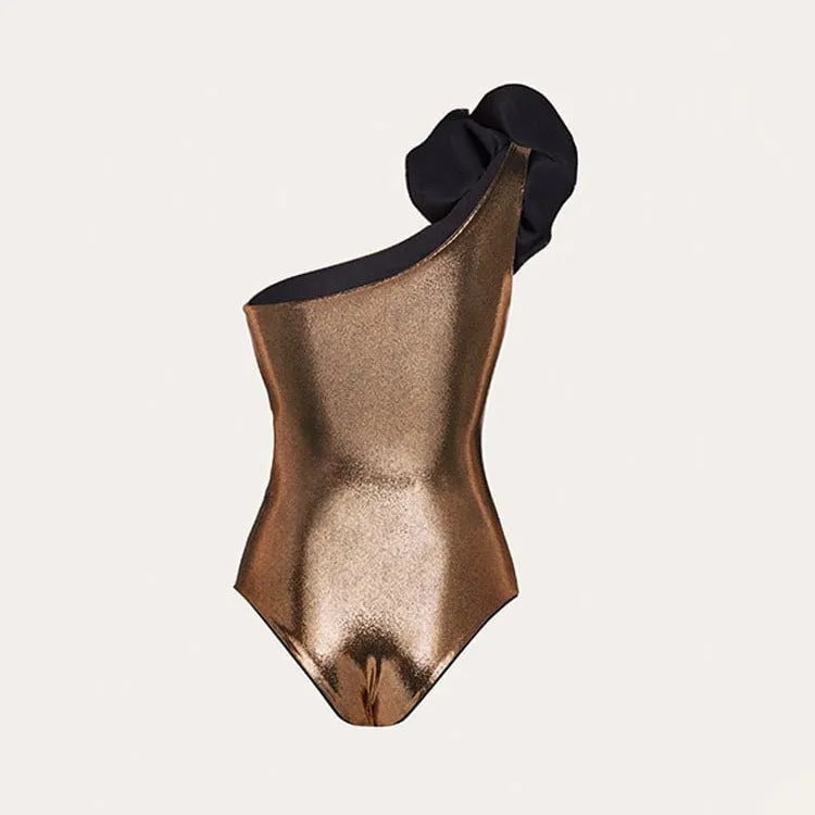 Gold handmade halter one-piece swimsuit with hollow-out design on mannequin