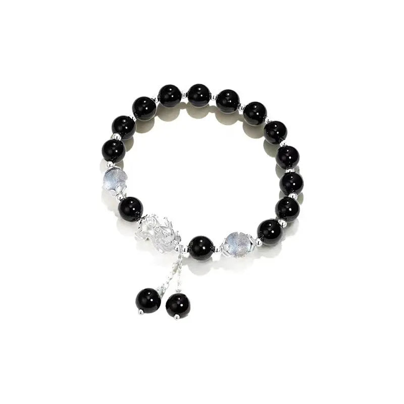 Handcrafted couple bracelet in natural black agate and opal grey with 10mm wave-shaped beads