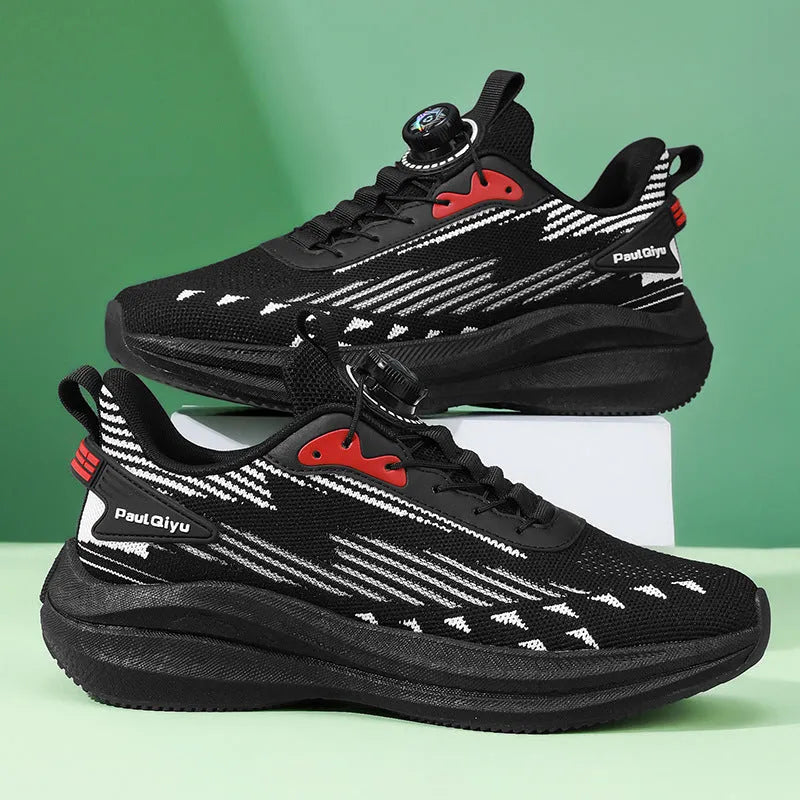 Men's white green and gray running shoes with rotating buckle and mesh upper on flat TPU sole.