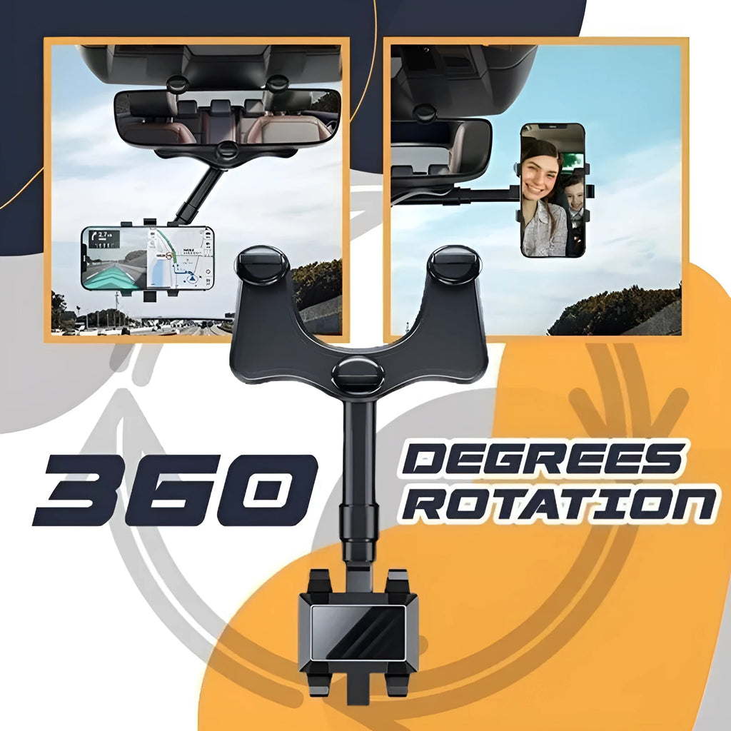 Black rearview mirror car phone holder showing adjustable arm and universal four-claw phone grip.