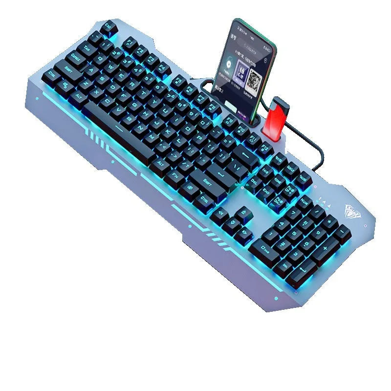 Mechanical gaming keyboard, mouse, and headset bundle in metal packaging with LED lighting