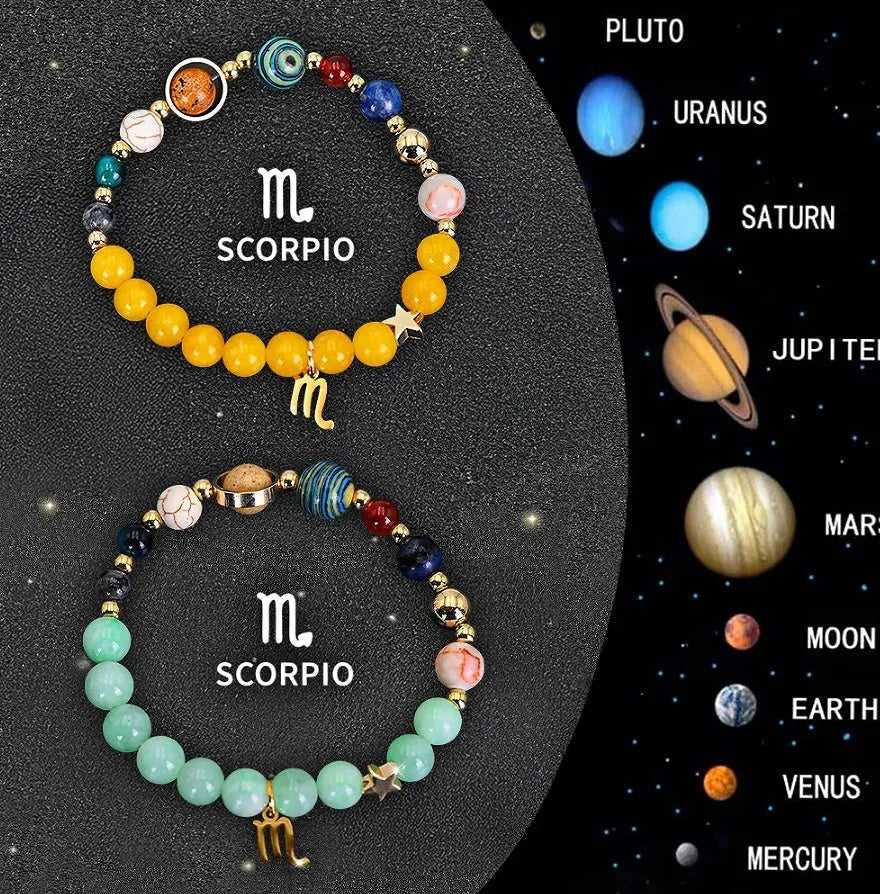 Natural stone beaded zodiac bracelet set showing all twelve astrological sign styles