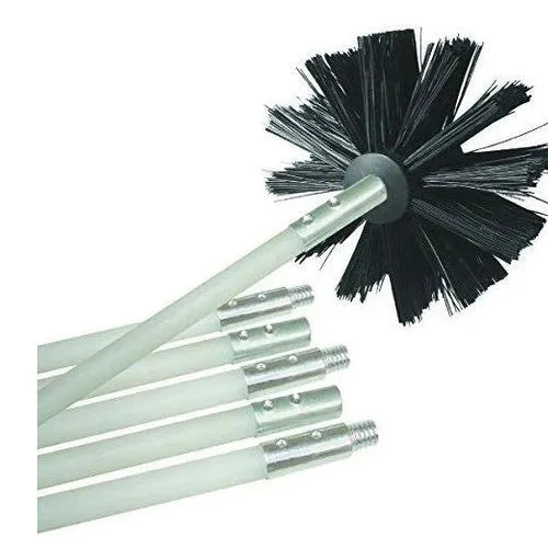 Dryer vent cleaning brush with bendable pole and nylon bristles on a white background