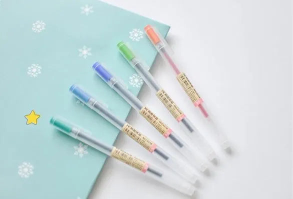 Muji 12-piece gel pen set with 0.5mm fine tips and ink prevention mechanism.
