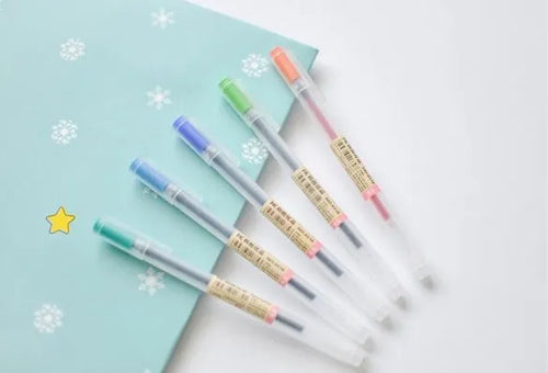 Muji 12-piece gel pen set with 0.5mm fine tips and ink prevention mechanism.