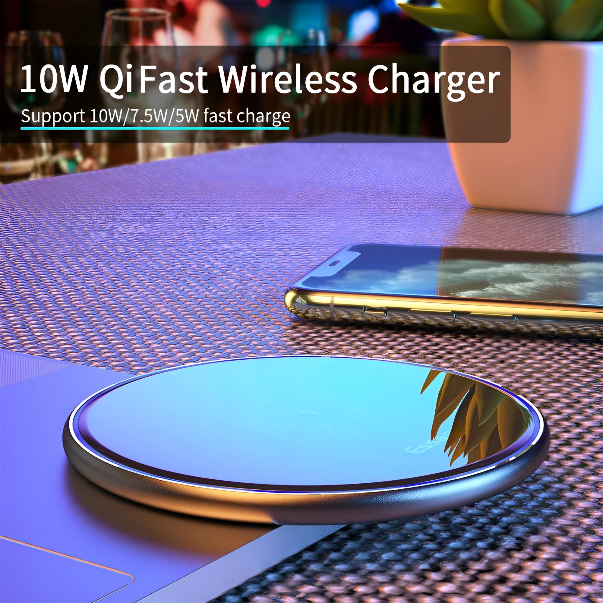 15W Qi wireless charging pad with aluminium surface showing blue LED charging indicator