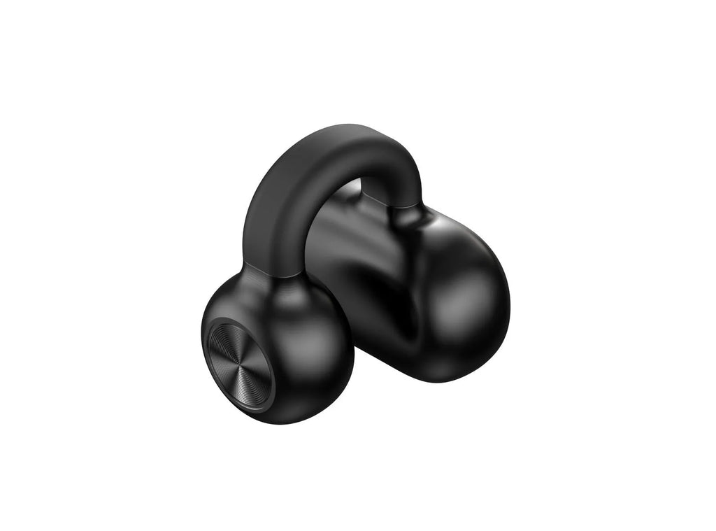 Wireless Bluetooth clip-on bone conduction earphones in black or white packaging