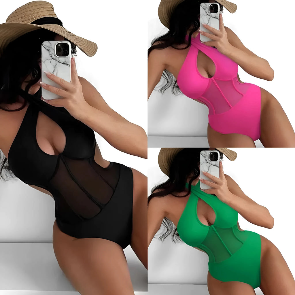 Women's black one-piece bikini swimsuit with nylon-spandex fabric on mannequin
