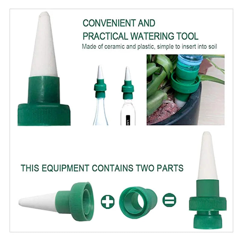 Green ceramic plant watering dripper device for attachment to cola bottles