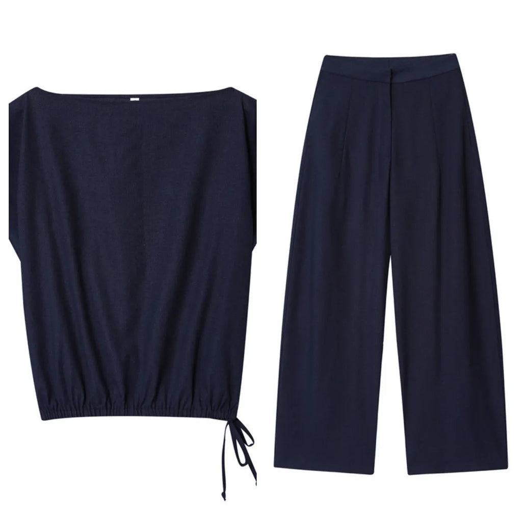 Women's linen blend off-shoulder flounced sleeve top with matching wide leg trousers suit