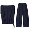 Women's linen blend off-shoulder flounced sleeve top with matching wide leg trousers suit
